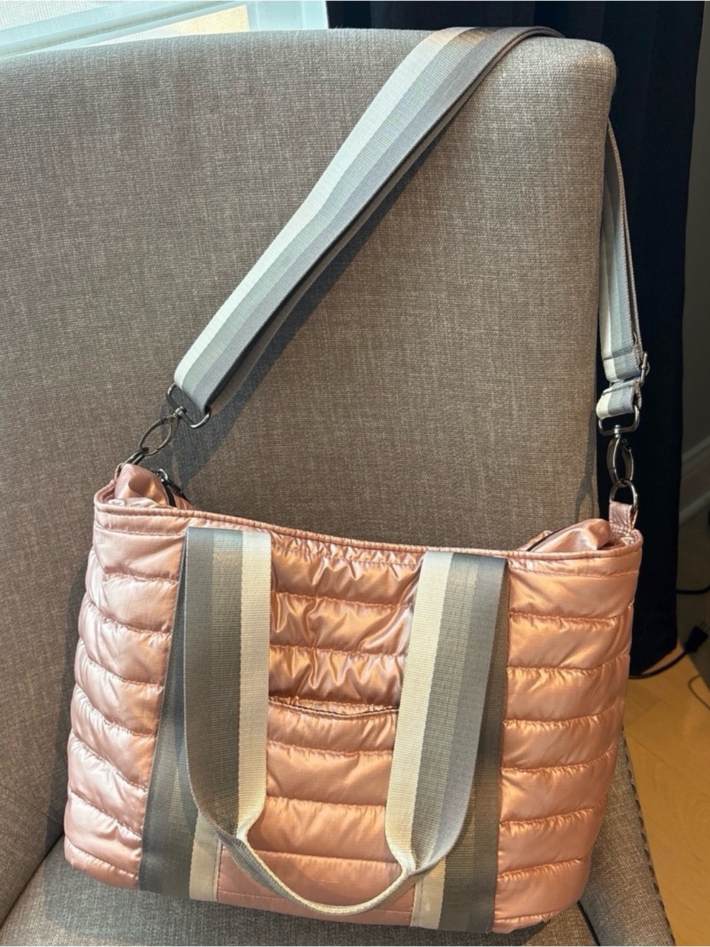 Think Royln Quilted Metallic Pink Tote Bag with Striped Strap